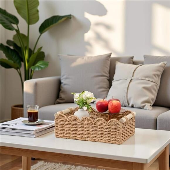 Neutral scalloped edge storage basket small woven bin for bathroom decor - Picture 4 of 7